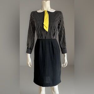 Vintage 1950s DRESS Pin Striped w/ NECKTIE Wiggle Secretary Metal Zipper XS S